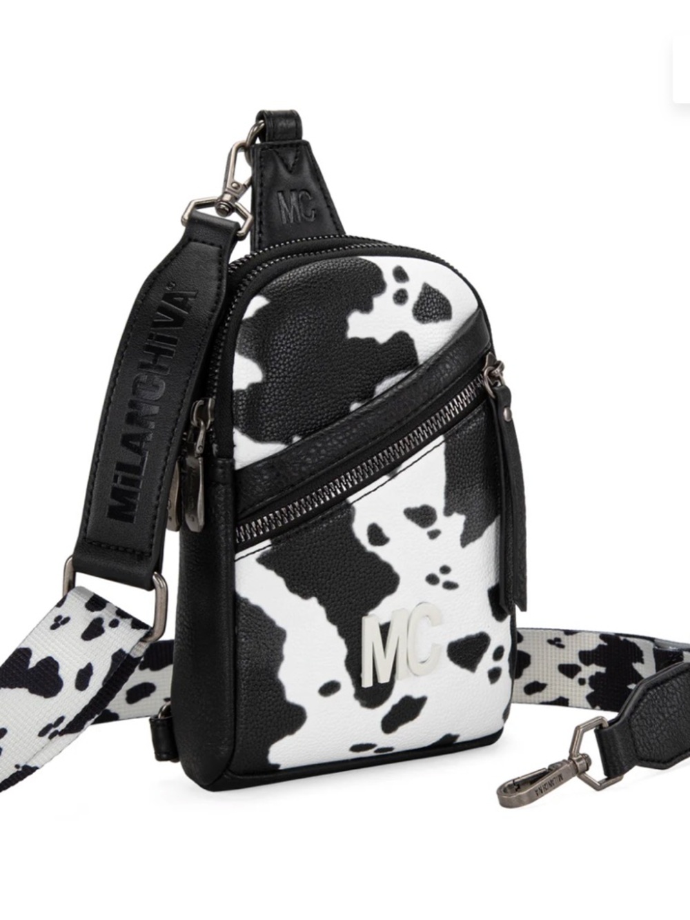 Cow-Print Sling Crossbody Bag in Black & White - Picture 7 of 9